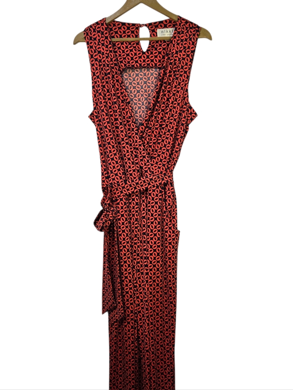 Nikki Poulos Size 1X Sleeveless Wrap Belted Wide Leg Jumpsuited Geometric Print